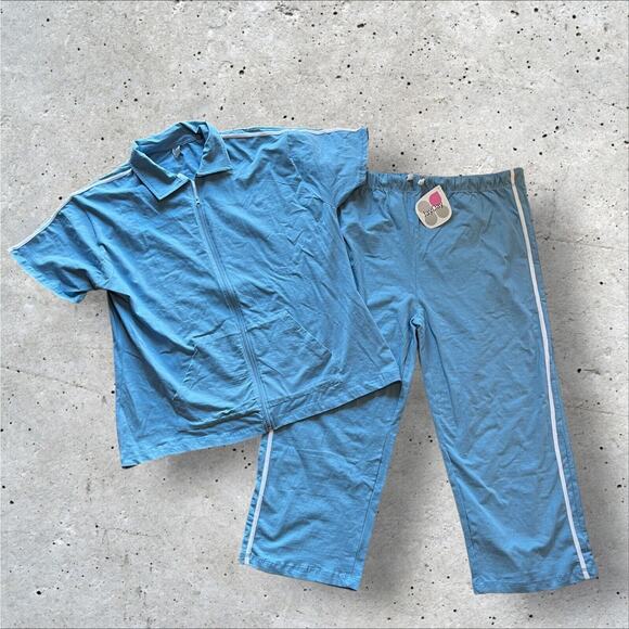 Jay Day Womens Activewear Set 2X Blue Zip Up Jacket Elastic Waist Cropped Pants - Picture 1 of 13